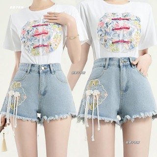甜栗子衣櫥 ✔️S-2XL👗復古t桖+短褲👗兩件式套裝2024夏新款設計感牛仔短褲女新中式刺繡盤扣流蘇闊腿A字熱褲