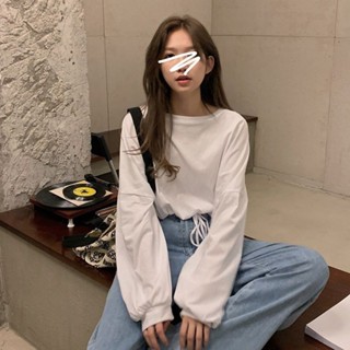 Luxi❤白色T恤女長袖ins潮單衣春裝2024年新款百搭抽繩寬鬆露臍高腰上衣