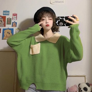 Luxi❤新款潮上衣學生撞色POLO領寬鬆ins慵懶風網紅長袖毛衣女冬季韓版
