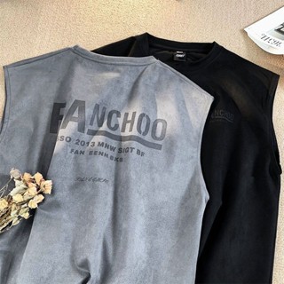 背心 運動 潮流 運動背心男夏季麂皮坎肩無袖網紅t恤美式潮流字母青少年打底體恤 休閒 坎肩 寬鬆 上衣