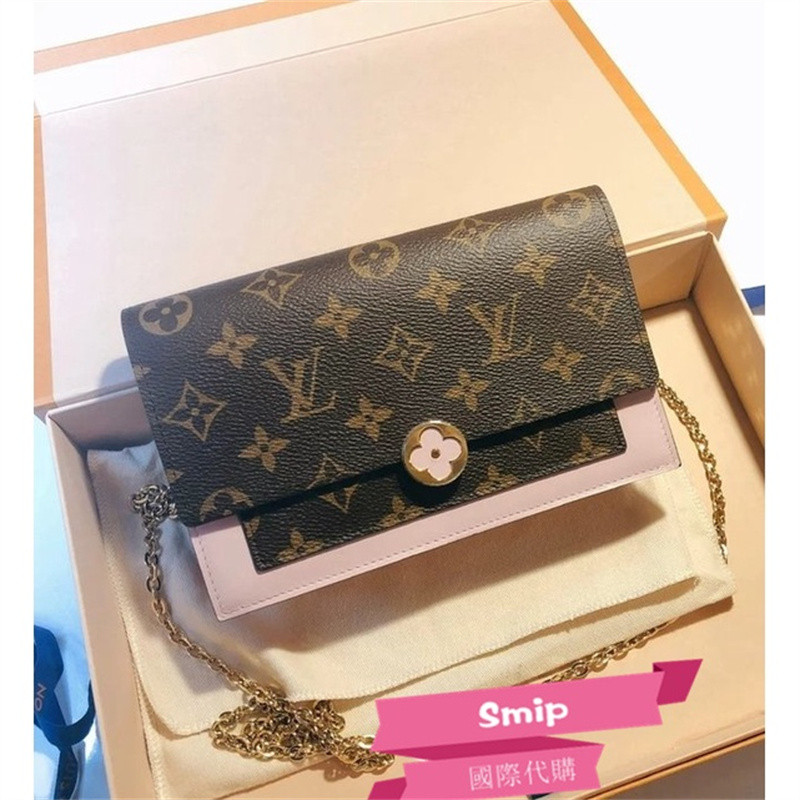 現貨+免運 FLORE MONOGRAM 帆布小牛皮拼接鏈條包 M69579 女款 芭蕾粉色 現貨