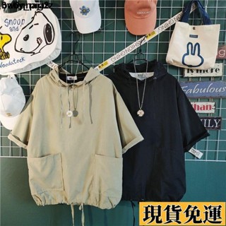 🌸限時下殺🌸 連帽短袖男 連帽 五分短袖T恤 上衣男士 夏季港味BF原宿風連帽套頭短袖衛衣男潮牌大碼T恤寬鬆薄款in