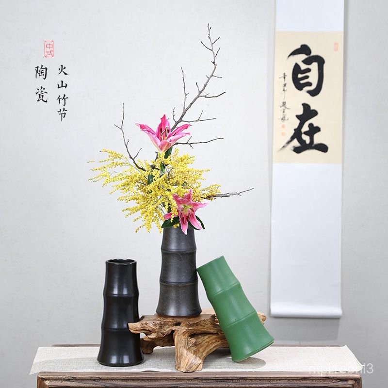 ✨棲雲藝術裝飾✨劍山插花器禪意日式陶瓷大花瓶擺件客廳火山竹節花器插花器皿池坊藝術花瓶 EK9A