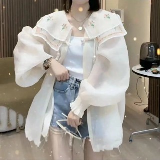 臺灣熱賣【1.6萬】歐貨2022夏季新款設計感娃娃領花朵刺繡防曬外套女韓版寬鬆上衣潮