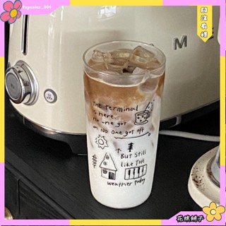 花旗🌺ins簡約綫條塗鴉玻璃杯可愛透明高硼矽咖啡牛奶杯高顔值家用耐高溫可愛咖啡杯耐高溫家用水杯