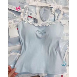 桃園出貨💕【店鋪熱銷】甜妹奶藍色蕾絲邊字母刺繡吊帶背心帶胸墊女夏季打底外穿顯瘦上衣