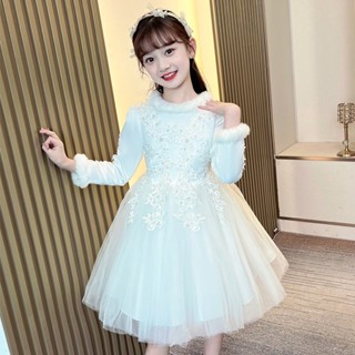 【品牌老店】女童加厚晚禮服 蕾絲花邊長袖洋裝 秋冬保暖連衣裙 婚禮花童紗裙 兒童才藝表演毛領公主裙優優