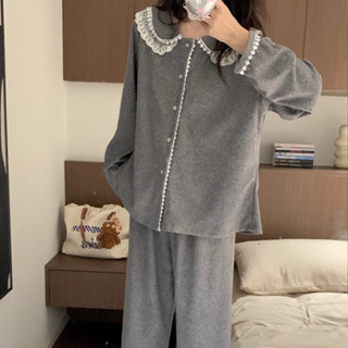 睡衣女生 長袖+長褲兩件套裝 可愛娃娃領 寬鬆舒適家居服 簡約灰色居家服 大尺碼女裝