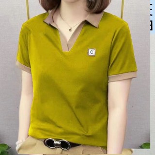 臺灣現貨 高品質媽媽翻領短袖T恤女夏季新款polo衫中年休閒大碼上衣女 POLO領上衣 大尺碼女裝 POLO衫 V領上衣