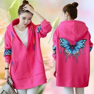 6xl 超大號女式寬鬆長襯衫拉鍊連帽衫長袖 Wanita Baju 外套上衣 Blus 蝴蝶尼龍口袋襯衫秋季 #8322