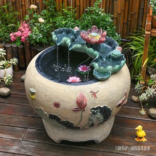 【破損包賠】 流水擺件 風水擺件 加大加厚圓形荷花魚缸 過濾迴圈流水養魚缸 庭院戶外造景佈置擺件 庭院擺件 庭院園藝裝飾