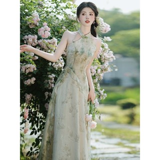 臺灣出貨💖【店鋪熱銷】2025年新中式國風掛脖連衣裙女夏季新款改良設計感旗袍絕美長裙子 卡拉貓的小魚鋪
