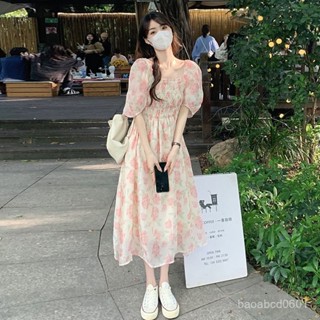 洋裝 短袖洋裝 碎花洋裝 連身裙 長款溫柔碎花連衣裙高檔泡泡袖春夏2025新款收腰顯瘦中長裙子ins