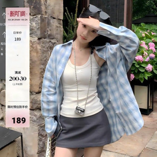 韓係 藍色格子防曬薄款襯衫 夏季上衣 慵懶休閒襯衫 長袖上衣 襯衣 薄款 防曬外套 長袖 襯衫 開衫外套 甜美 女生襯衫