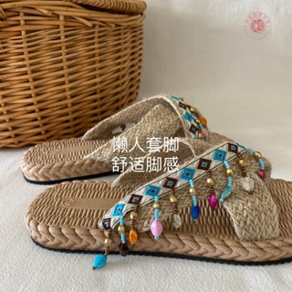 夏季新款外出西雙版納傣族旅遊拖鞋民族風仿草編織拖鞋復古沙灘鞋
