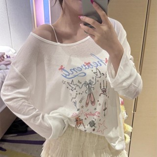 🟠ViVi SHOP🟠 露肩長袖夏季塗鴉T恤印花新款慵懶風斜肩防曬罩衫寬鬆薄款上衣