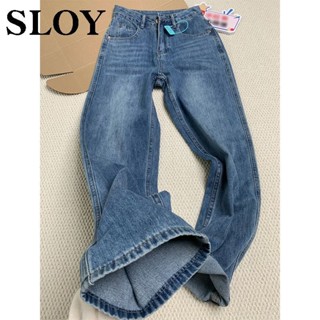 闊腿牛仔褲 牛仔寬褲 高腰顯瘦 韓係寬鬆 SLOY高腰窄版闊腿牛仔褲女春夏複古寬鬆小個子顯瘦百搭直筒褲 丹寧寬褲 透氣不