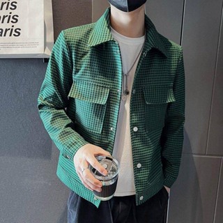 【XIU】☻外套男 春秋男裝高階感外套男輕奢韓版翻領潮牌工裝千鳥格子上衣綠色夾克