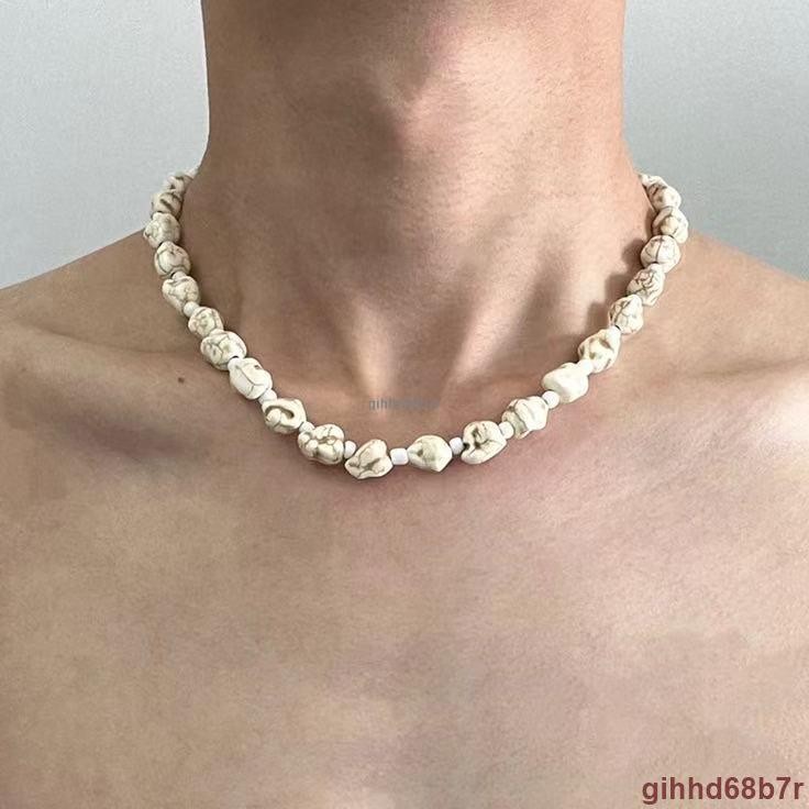🍁白松石項鏈男生小眾設計高級感歐美嘻哈鎖骨鏈男女頸鏈串珠choker
