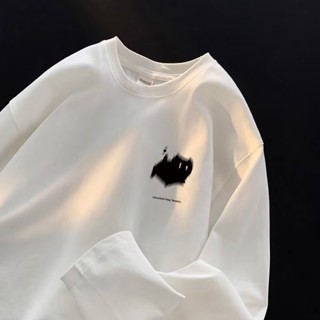 【XIU】☆M-8XL 簡約小圖印花 長袖 T恤男 春秋季 休閒上衣 韓版 寬鬆百搭 打底衫