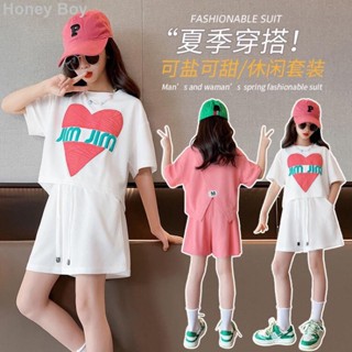 Honey 0526A新品*韓版女童夏季套裝運動套裝時尚個性不規則短袖恤短褲兩件套