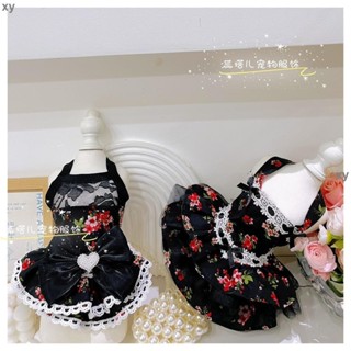 寵物 狗狗小碎花公主裙 馬爾濟斯約克夏純棉黑色蘿莉塔洋裝可愛夏涼快 寵物公主裙 寵物蕾絲裙 寵物裙 寵物碎花裙 貓咪洋裝