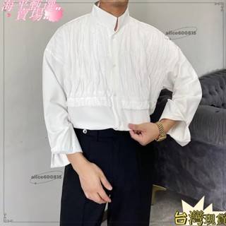 免運◆可開發票春季暗黑復古宮廷風小眾襯衫男長袖設計感皺褶拼接痞帥韓版髮型師英倫風宮廷復古立領蕾絲襯衫男秋季寬鬆休閒設計感