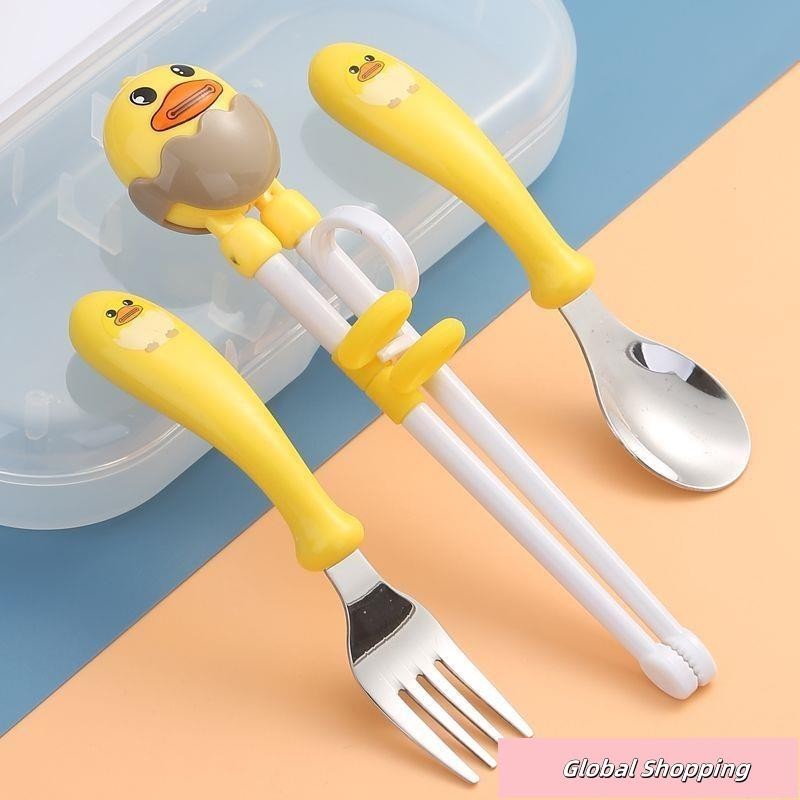 蝦皮熱賣🔅小鴨子304不銹鋼勺叉套裝兒童餐具小孩練習筷寶寶學吃飯訓練勺子