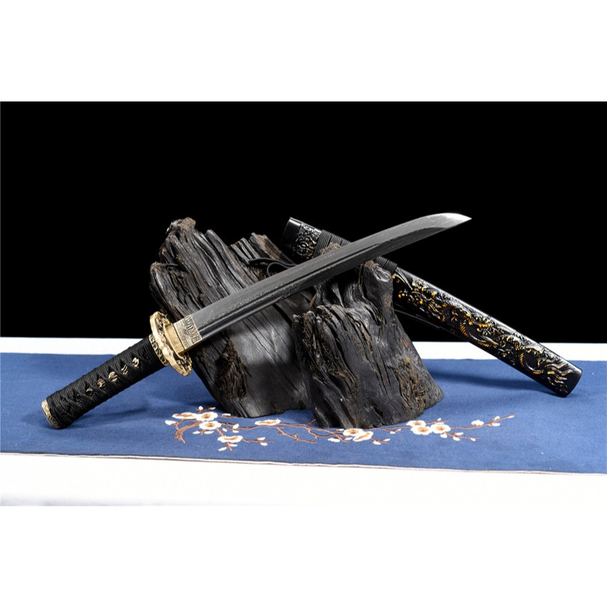 【乘風】龍泉刀劍 玄影武士刀 短款武士刀 小武士刀 花紋鋼一體手工鍛造太刀 短劍 收藏擺件 禮品 未開刃