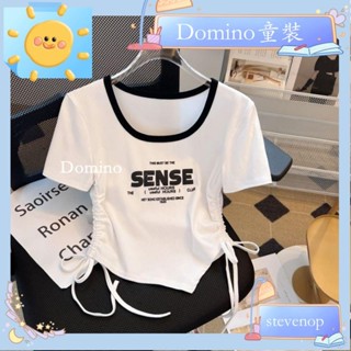 Domino童裝✨夏季冰絲女童T恤短袖兒童抽繩不規則短版上衣薄款涼爽綁帶打底衫2563