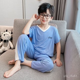 【Mini】童裝館 男童睡衣2024年夏季薄款套裝兒童家居服男孩短袖長褲中大童家居服居家服 空調服兒童冰絲睡衣
