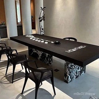 現代中式實木桌椅茶桌組閤辦公室別墅設計師輕奢定製巖闆泡茶茶臺茶臺桌 巖闆桌 泡茶桌子高茶幾 桌子 客廳茶幾 客廳茶臺