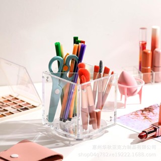(精品特惠）跨境熱賣亞克力筆筒帶相框旋轉亞克力收納盒臺麵化妝刷整理盒工廠