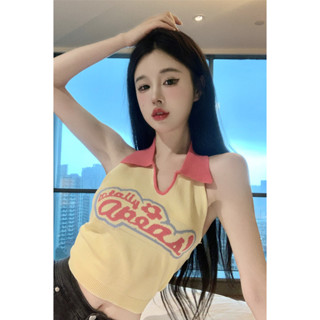 Uoyan 💋辣妹掛脖背心女 chic夏季新款 設計感 字母刺繡修身短款 外穿打底吊帶