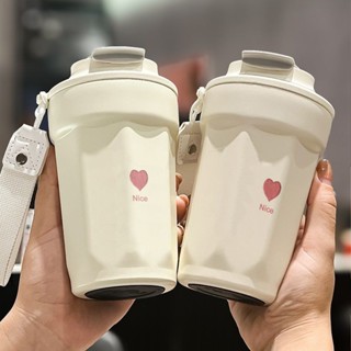 咖啡保溫杯 保冷杯 手提保溫瓶 外帶咖啡杯 隨身杯 無縫內膽水杯學生保溫杯車載咖啡杯316不鏽鋼吸管隨行車載彩繪愛心