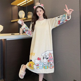 睡衣 睡衣冰絲 睡衣套裝 睡衣女大尺碼 珊瑚絨睡裙女秋冬季加厚加絨法蘭絨卡通睡衣中長款休閒保暖家居服