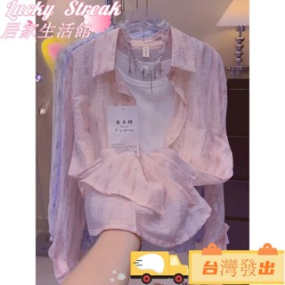 【臺灣發出】夏季時尚水墨印花防曬上衣女外穿寬鬆百搭POLO領長袖薄款襯衫
