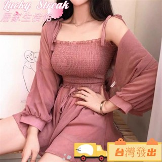【臺灣發出】時尚女夏季套裝三件套吊帶上衣防曬衣雪紡闊腿褲顯瘦外套女