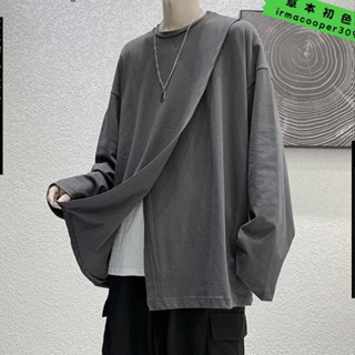 🔥臺灣出貨🔥 秋季開叉披風長袖男t恤潮牌寬鬆韓版純色上衣學生情侶裝百搭外套