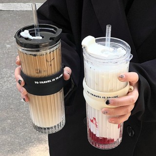 【💓促銷熱賣高顏值玻璃水杯💓】檸檬吸管帶蓋水杯玻璃杯家用大容量果汁ins咖啡杯飲料高顔值杯子