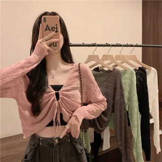 🐼秋季韓版新款短版鏤空抽繩針織上衣寬鬆罩衫薄長袖短版上衣針織衫素色上衣針織長袖女生長袖女生上衣