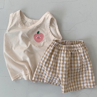 💕闆娘嚴選💕夏款韓版寶寶衣服 寶寶檸檬背心格子短褲兩件套 男童女童T恤短袖套裝 嬰兒純棉上衣褲子兩件套 兒童短袖C3