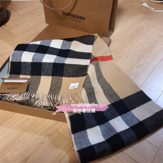 Burberry Giant Check 羊絨圍巾米色 羊毛針織圍巾 格紋流蘇 長款圍巾冬季披肩 男士圍巾