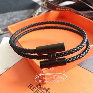 現貨二手 HERMES 愛馬仕 Glenan H扣 黑色編織牛皮雙環手鐲 皮手環 皮手鏈