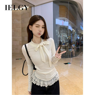 IELGY 女式蝴蝶結長袖 T 恤蕾絲拼接修身上衣