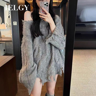 IELGY 女式設計下擺破洞扭紋毛衣不規則流蘇露肩針織毛衣