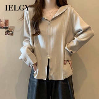 IELGY 雙拉鍊連帽開衫衛衣春秋薄款新款寬鬆小眾連帽衫長袖上衣女