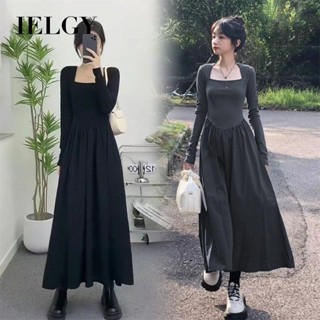 IELGY 女士方領長袖連衣裙高腰修身打底連衣裙