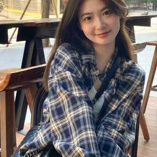 IELGY 韓版修身寬鬆百搭中長款格子襯衫外套女
