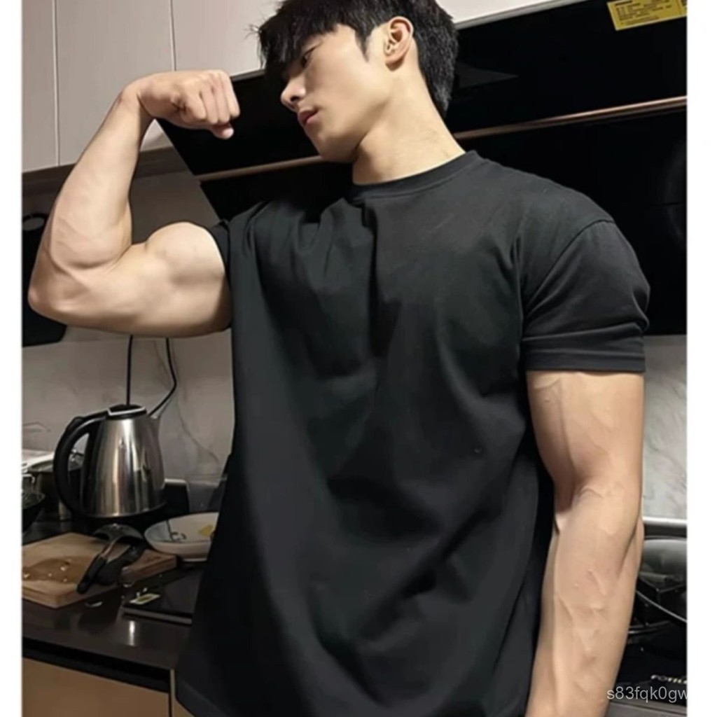 免運💯【店鋪熱銷】重磅索洛納棉收袖口短袖夏季美式小領口速幹T恤顯肌肉健身上衣機能訓練上衣 運動排汗衫修身短袖彈性大健身衣